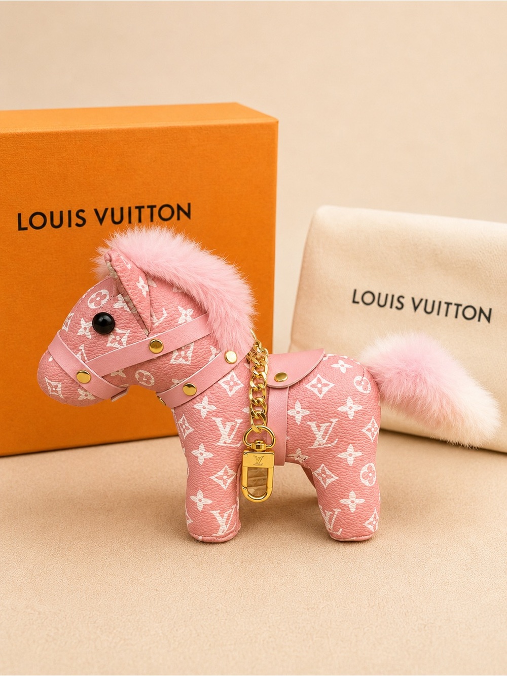 Luxury  Pink Monogram Pony Charm with Gold Hardware